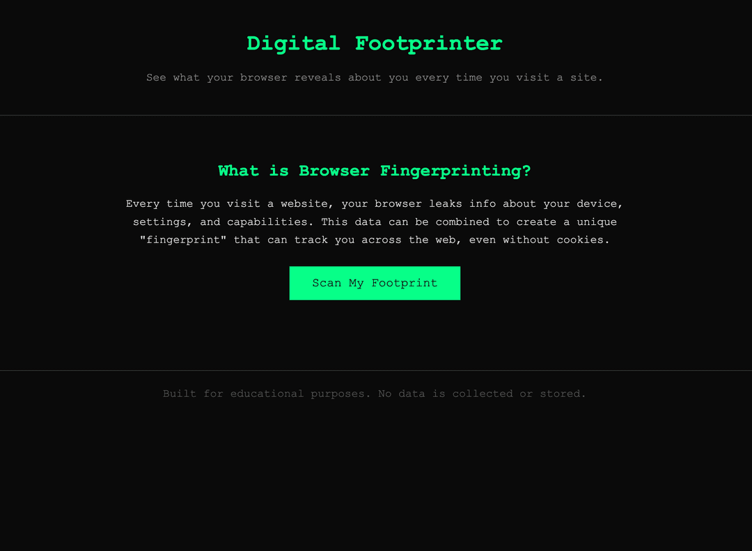 Digital Footprinter homepage with terminal-style green-on-black UI explaining browser fingerprinting.