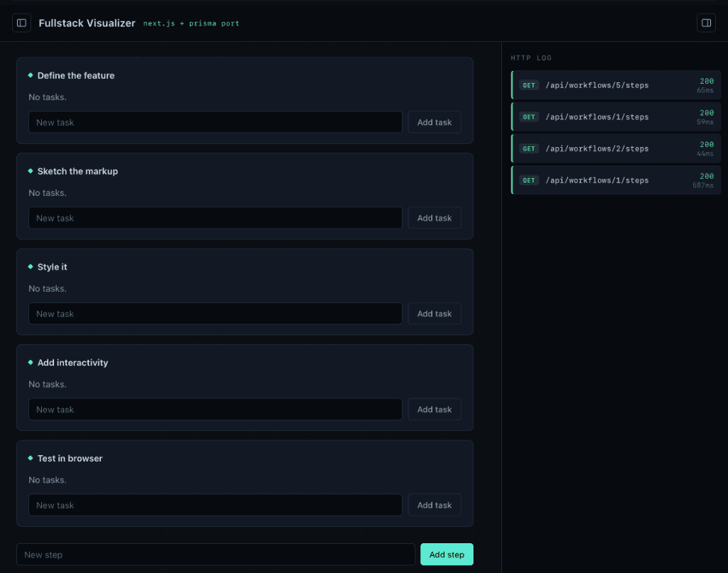 Fullstack Visualizer interface showing repeatable workflow checklists and HTTP request logging.