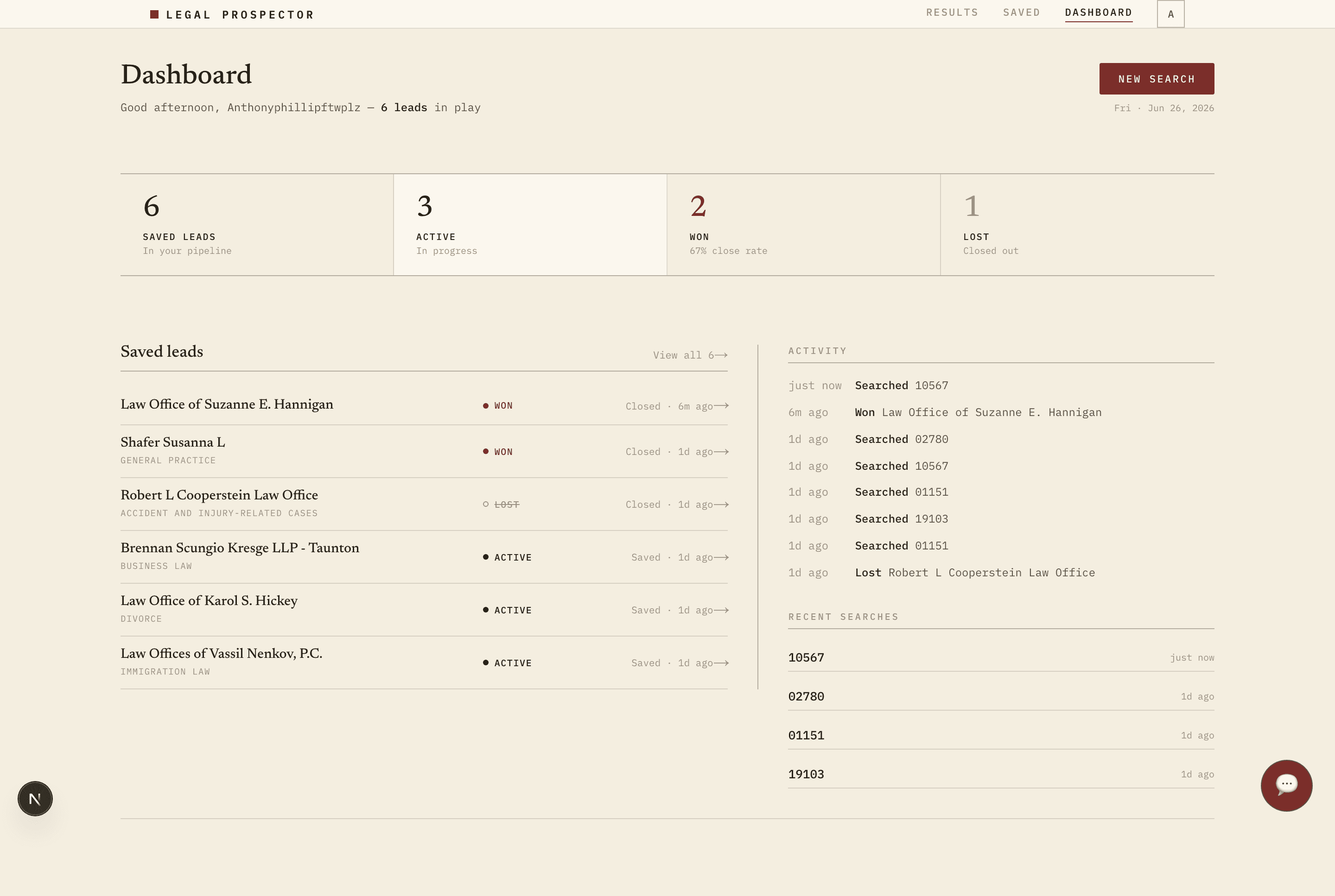 Legal Prospector dashboard interface mockup