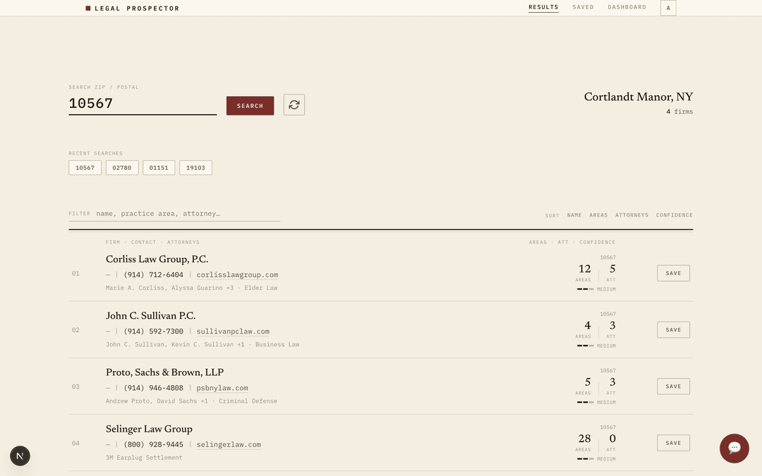Legal Prospector search results page showing local boutique law firm enrichment results.