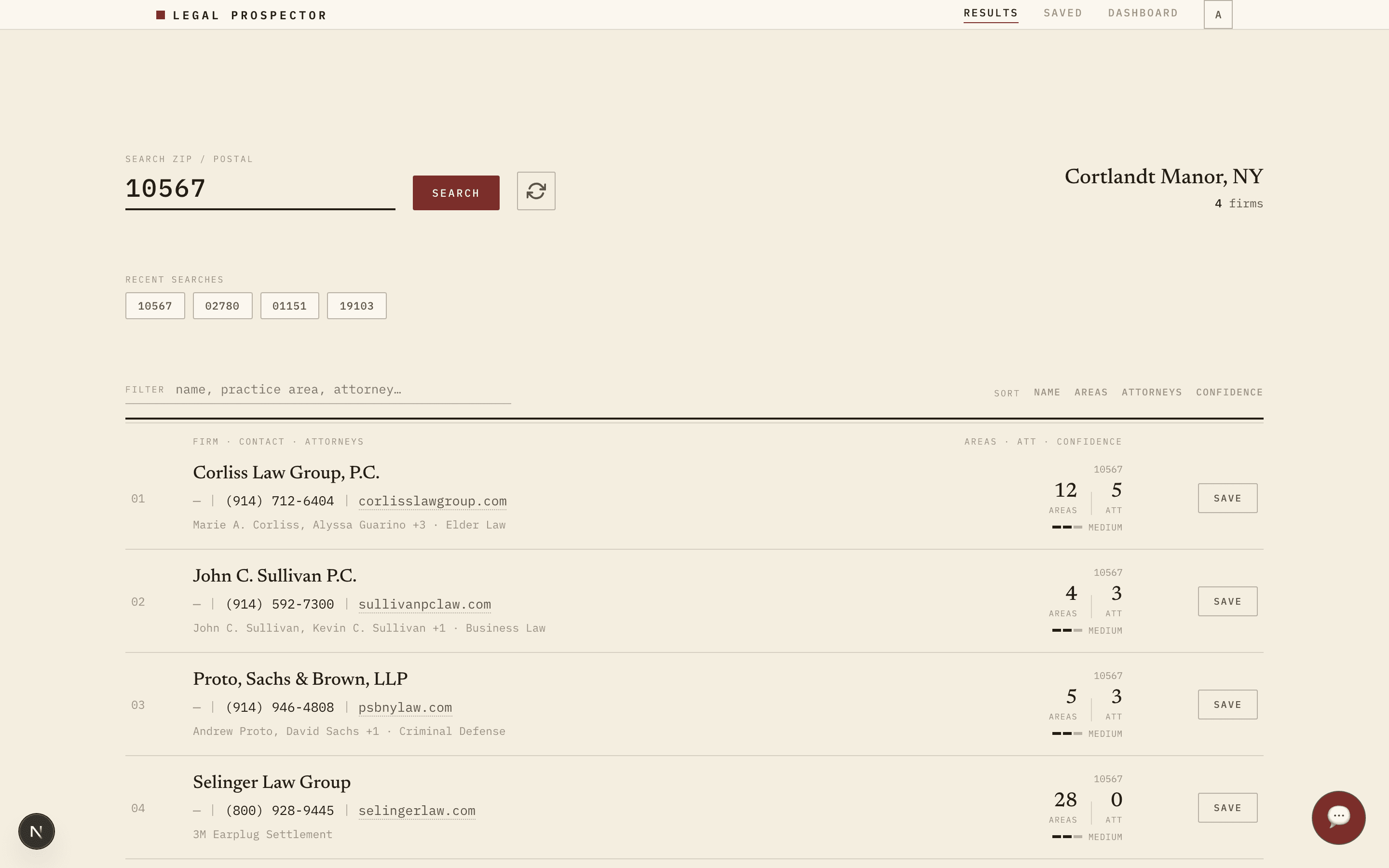 Legal Prospector search results page